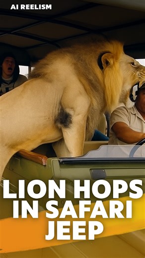 62K views · 3.9K reactions | LION HOPS IN SAFARI JEEP  | AI REALISM #Shorts A lion suddenly leaps into a safari jeep—everyone freezes in shock! 女 Watch this hyper-realistic AI-generated moment where the king of the jungle gets way too close for comfort. Created using advanced AI tools for entertainment only.  No one was harmed — this is 100% AI generated. #AIRealism #AIReelism #LionAttack #SafariAI #WildlifeReel | AI Reelism | Facebook