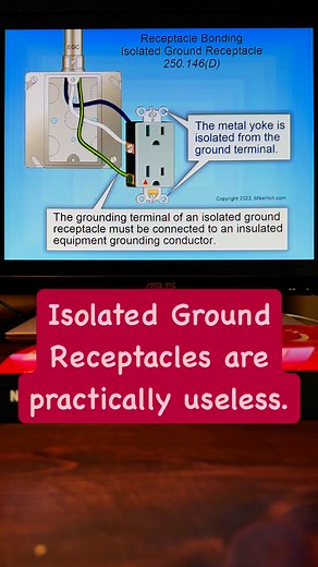 Isolated Ground Receptacles. The grounding terminal of an isolated ground receptacle must be connected to an insulated equipment grounding conductor [250.146(D). In most cases, an isolated ground receptacle is a waste of money. IEEE 1100, Powering and Grounding Electronic Equipment (Emerald Book) section 8.5.3.2 states, “The results from the use of the isolated ground method range from no observable effects, the desired effects, or worse noise conditions than when standard equipment bonding conf