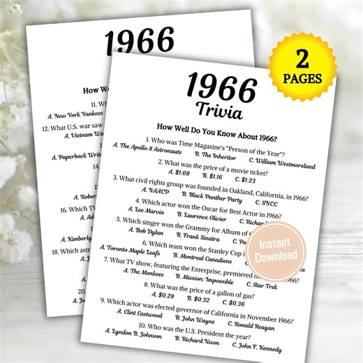 1966 Trivia Game | Printable 60th Birthday Party Game | Born in 1966 Quiz | Back to the 60s Party | 60th Birthday Ideas | Instant Download - Etsy UK