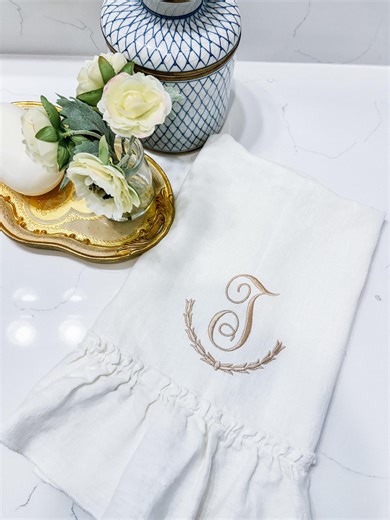 Embroidered Monogram Linen Tea Towel With Ruffle: Personalized Kitchen Decor - Etsy