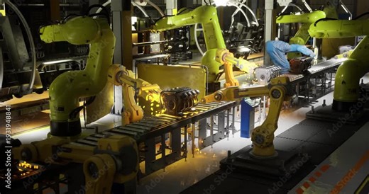 Robotic arms work efficiently on an assembly line, creating various components using automated machines in a modern manufacturing environment. The setup illustrates advanced technology at play.