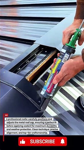 Pro Roofer Installs and Adjusts Metal Roof Cap, Applying Sealant for a Perfect Finish