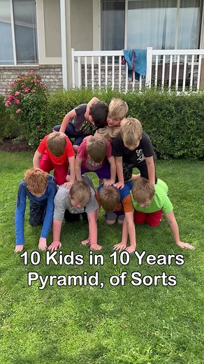 When you have 10 kids you can make a nice sized human pyramid, except it can sometimes be hard to get all of the kids to kneel down correctly, so it is lopsided. #10kids #bigfamily #largefamily #humanpyramid