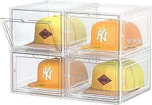 Hat Organizer Box, Stackable Clear Baseball Caps Holder Box Containers with Magnetic Door for Hats Snapback Cap Storag, Hat Rack Display Case, Holds 8 Hats Each (Clear, 4 Pack)