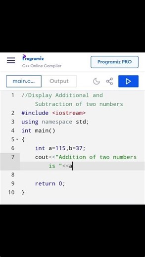 Display Addition and Subtraction of two numbers | Using C++.......#code#output#programming#shorts