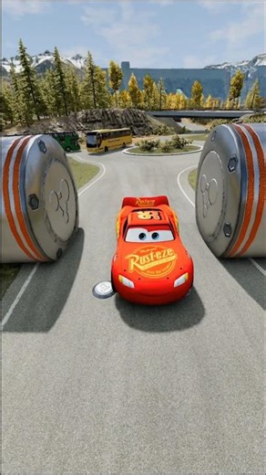 McQueen Car City Bus vs Hydraulic Bollard Crash #kidsgamertech #beamngdrive #shorts