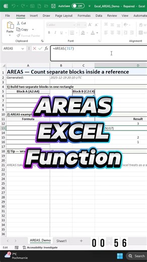 Excel A–Z in 60s: AREAS — Count Range Blocks #Excel #AREAS #ExcelShorts #ExcelTips #spreadsheet
