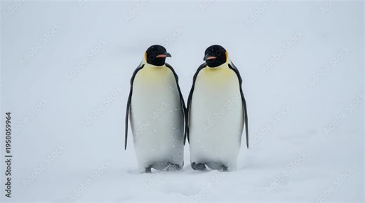 Two Emperor Penguins Standing Close in a Snowstorm on the Antarctic Plain, Wildlife Pair in Blizzard