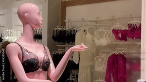 Female mannequin in a translucent bra stands in the window of a lingerie store
