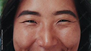 Portrait of Asian Woman Face and Happy Eyes Looking at Camera in Close Up Shot. Joy in Positive View on Modern Life of Beautiful Young Person. Facial Macro Details of Emotional Female with Dark Brows