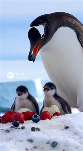 Baby Penguins Hatch and Eat Blueberries and Strawberries