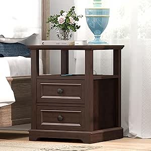 REDAYFUR 24" Tall End Table with Charging Station, Double 18W Fast Charge, Large 18" Bedside Table with Drawers, Rustic Wood Storage Cabinet with Open Shelf for Bedroom, Cherry