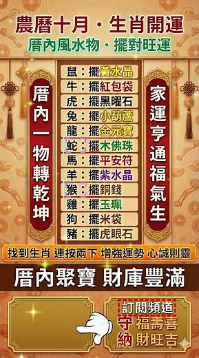 心誠則靈！農曆十月12生肖「厝內風水物」！放對位置財運旺！ #福壽喜財旺吉 #居家風水