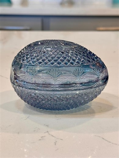 Vintage Blue Glass Fostoria Egg Shaped Exclusives Tiara Collectible Trinket Dish Box Diamond Cut Pattern - Etsy