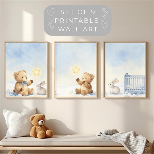 Baby Bunny Teddy Bear Nursery Art Set, Watercolor Woodland Creatures (Digital Download)