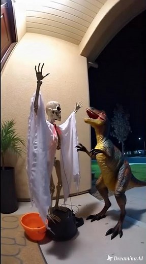 Baby Dino Trick-or-Treats for Candy… 🎃 But a Fake Ghost Scares It Away!