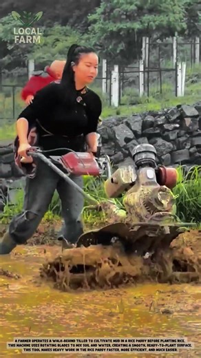 Powerful Walk-Behind Tiller for Soil Mixing & Paddy Preparation in Muddy Rice Fields