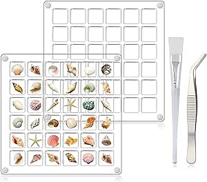 2PCS 36 Grids Acrylic Magnetic Seashell Display Box with 1PC Tweezers and 1PC Cleaning Brush, 4.7"x4.7" Clear Shell Display Case for Collector, Decorative Storage Box for Mini Seashells