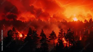 Intense wildfire raging through a forest at dusk, showcasing a dramatic sky and fiery trees, relevant for environmental issues and emergency services