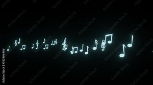 Illustration of musical notes running in a row on a black background. Music note animation. Animation of musical notes running in succession