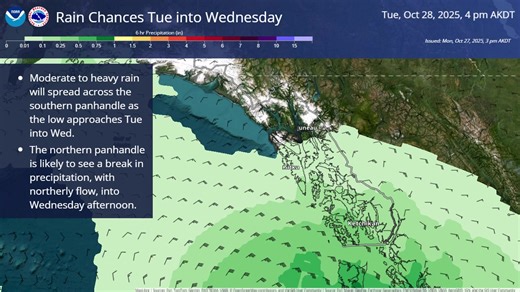 Posted 10/27/2025 at 7:15 pm Good evening SE AK, here is a look at precipitation chances for Tuesday into Wednesday as a low tracks to the south the panhandle. Although southern portions of the panhandle are likely to see moderate to heavy rain, the northern panhandle will be more likely to see a break. Northerly flow will allow for drier conditions across the northern panhandle into Wednesday afternoon. At this time, the main impact for the northern panhandle will be increased winds along Lynn 