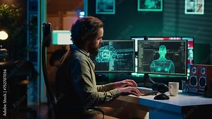 Deviant AI superintelligence enslaving its creator, controlling his limbs, doing robotic movements. Rogue artificial intelligence possessing man, threating humanity, camera A