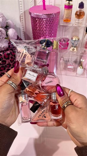 💕My favorite pink perfumes are all here🎀#perfumes #miniperfumes #perfumecollection #asmrpackaging #fyp