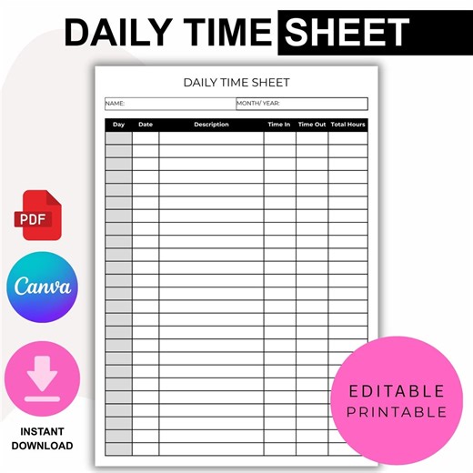 Printable Daily Time Sheet, Work Hours Log, Employee Time Tracker, Timekeeping Sheet PDF, Editable Canva Template, Instant Download - Etsy