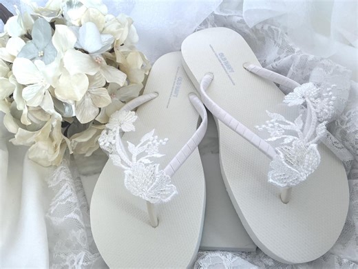 White Bridal Flip Flops, Beaded Lace Flower Sandals, Wedding Day Shoes, Bride Gift - Etsy
