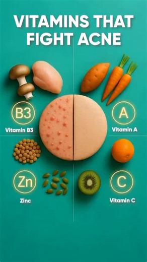 💊✨ Vitamins That Help Fight Acne (Backed by Science!) Acne isn’t just a surface problem — it’s often your body’s way of signaling inflammation, oxidative stress, or hormonal imbalance. The right nutrients can support your skin’s healing process from the inside out. 🌿 Here’s how these vitamins help you glow clearer: 🥕 Vitamin A – Controls oil (sebum) production and speeds up skin cell turnover, preventing clogged pores. 🍊 Vitamin C – Boosts collagen and reduces post-acne dark spots through it