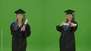 2-in-1 Split Green Screen Montage. Green Screen. Chroma Key. The Graduate Girl in the Mantle Happy About Getting a Diploma. Young Woman in Graduation Gown Holding Diploma and Rejoicing Her Diploma