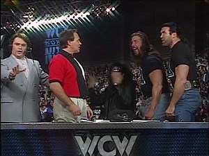 The Outsiders & Syxx leave a tape with WCW Commentary & intimidate Larry Zbyszko! 1997 (WCW)