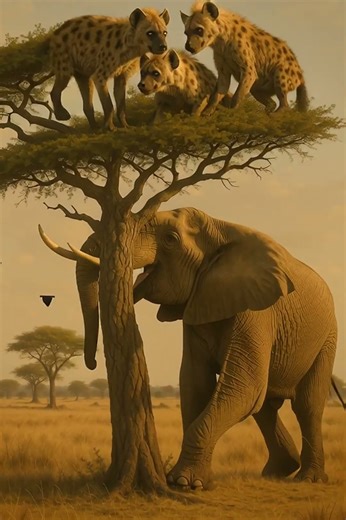 Elephant Shakes the Tree Wildly! Hyenas Hold On for Life! #Elephant #Hyena #Wildlife #Shorts