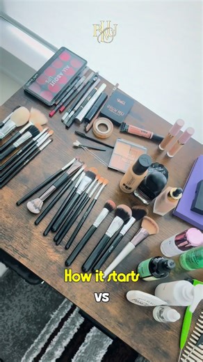 Bhavana Hair And Makeup on Instagram: "How it starts: Aesthetic. Organized. Instagram-worthy. How it ends: Chaos. But the client looked flawless, so who cares? 😂 IYKYK This is the MUA life no one shows you. 💄✨ #MUALife #BehindTheScenes #MakeupArtistReality [ makeup artist reality, MUA behind the scenes, makeup kit chaos, organized vs messy, before and after workspace, makeup artist humor, relatable MUA content, professional makeup artist, beauty industry reality, makeup workspace, MUA struggle