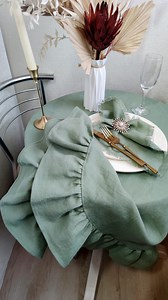 Custom Size Linen Tablecloth With Ruffles, Rectangle, Round, or Oval Options, Sage Boho Table Cloth, Perfect for Wedding Table Decor - Etsy