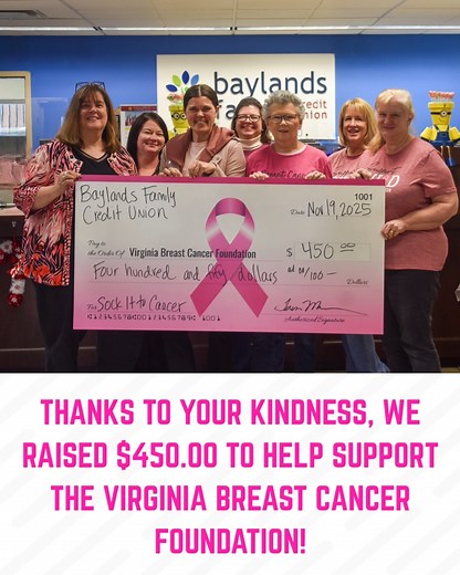 Thank You, Members! With your help, BFCU made a generous donation of $ 450.00 to help the work being done by the Virginia Breast Cancer Foundation. #CUInTheCommunity #VirginiaBreastCancerFoundation #CommunityPartner | Baylands Family Credit Union