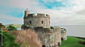 St Mawes Castle, Truro, Cornwall, the United Kingdom in 4K. Venerable 16th century artillery fortress, with scenic water views & summertime outdoor theater. Stock Video