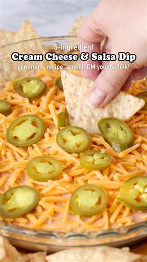 No-bake, 5-ingredient dip? Say less. Cream Cheese and Salsa Dip 🌶️🧂 A cold, creamy dip layered with chunky salsa, sharp cheddar, and pickled jalapeños. ✅ Comment RECIPE follow and I’ll DM you the link ⏲️ The Shortcut: No oven needed. Just mix, chill, and serve. This easy cream cheese dip is perfect for game day, parties, or last-minute appetizers. Serve with tortilla chips, crackers, or fresh veggies. INGREDIENTS 8 ounces cream cheese, softened 1 cup chunky medium salsa 2 teaspoons taco season