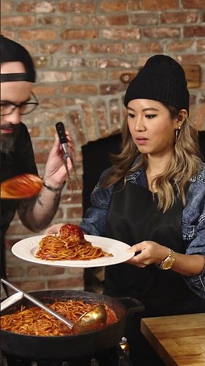Chef Esther Choi makes the viral ASSASSIN'S SPAGHETTI recipe with Babish 🔥🍝💀