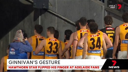 Hawthorn star Jack Ginnivan has been fined $1500 after he was caught on camera flipping the bird to Crows fans following the Hawks’ loss in last night's blockbuster clash at Adelaide Oval. Download the 7NEWS app: 7news.link/7newsapp #7NEWS | 7NEWS Adelaide