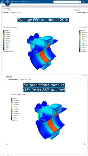 SIMULIA on Instagram: "What if you could design the right industrial clamp without running countless FEA cases? 🤔 That's the power of AI and MODSIM! 🤖 Below we see a comparison of a clamp design with an average FEA run time of 1200s and an ML prediction time of 92s, 13x faster than the FEA run time. Thanks to our Virtual Twin Physics Behavior, FEA-based machine learning models drastically reduce the time it takes to get answers for new designs, enabling faster and more efficient optimization o