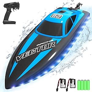 VOLANTEXRC RC Boat 20MPH Fast Remote Control Boat with Lights 2.4Ghz Toy Boat for Pools and Lakes with 2 Rechargeable Batteries Toys Gifts for Adults, Blue
