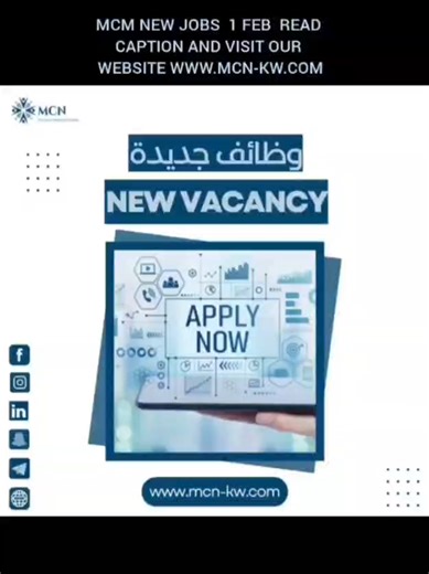 MCN JOBS AS OF 1 FEB 2026 Required -Motorcycle Driver -Front Desk Manager -Call Center Agent -Social Media Manager -HR and Government Relation Supervisor -Senior Sales Associate -Sales Associate -Call Centre Agent -Retail Sales Executive -Inventory & Data Entry -Chief Accountant -Accountant -System Implementation Specialist -Manager Project Management -Warehouse Specialist -Digital Assets Sales Manager (Crpt) -Legal Manager -Graphic Designer -MEP Project Manager -Civil Supervisor cum Foreman -So