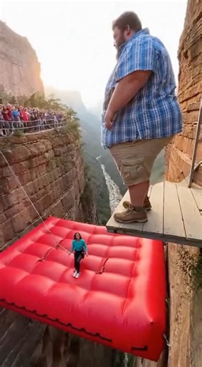 Cliff red pad launches 2! 😱💥 He jumps—she laughs mid air! #SkyBounce #ExtremeJump