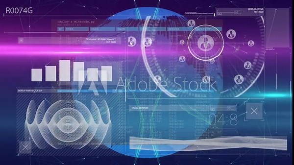 Animation of graphical interface screen with graph, profile icons over globe and programming code