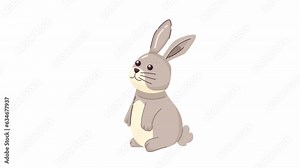 Sweet adorable rabbit blinking, looking up 2D character animation. Pet standing on hind legs flat cartoon 4K video, transparent alpha channel. Cute kawaii herbivore animated animal on white background