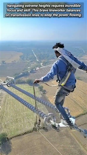 High Altitude Lineworker Balancing On Massive High Voltage Lines