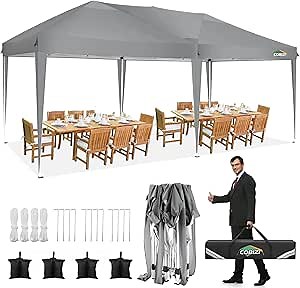 COBIZI 10x20 Pop up Canopy Tent Without Sidewall, Waterproof Portable Outdoor Canopy 10x20 Instant Shelter Tent for Parties, Wedding, Backyard, Carport with Carry Bag & 4 Sandbags(Gray)