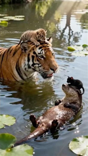 Tiger Cub Jumps onto Otter’s Belly to Play with Kitten, as Mothers Meet by the River