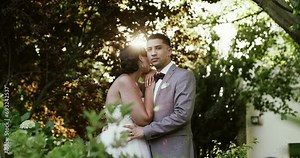 Hug, face or couple in wedding in nature for event celebration, commitment or marriage union. Loyalty, bride and groom in park for love, relationship or support with smile, bond or trust in ceremony